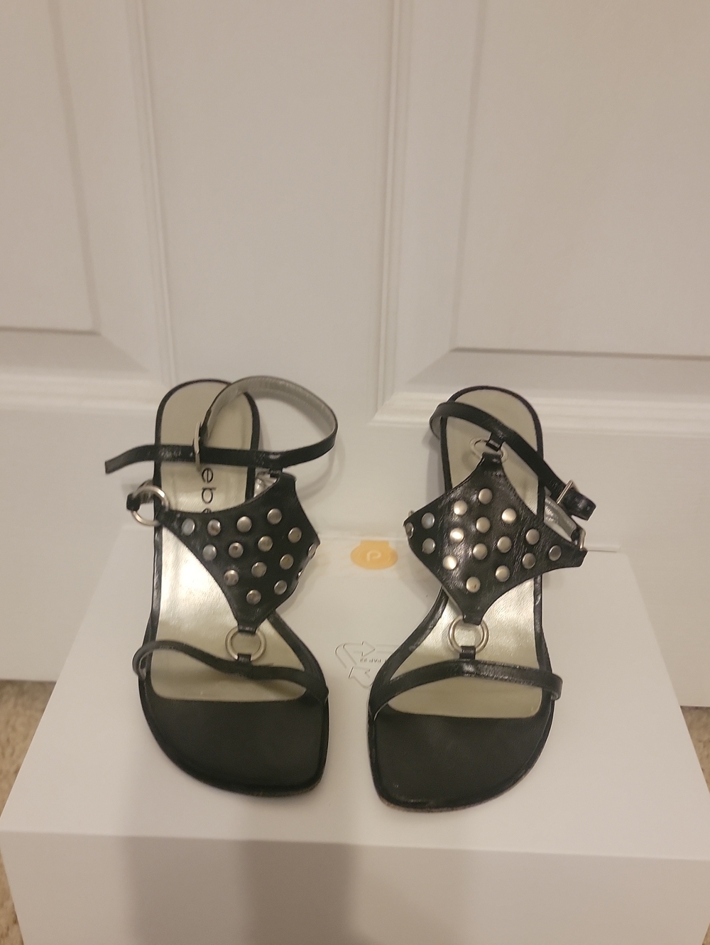 bebe Black Studded Leather Ankle-Strap Sandals